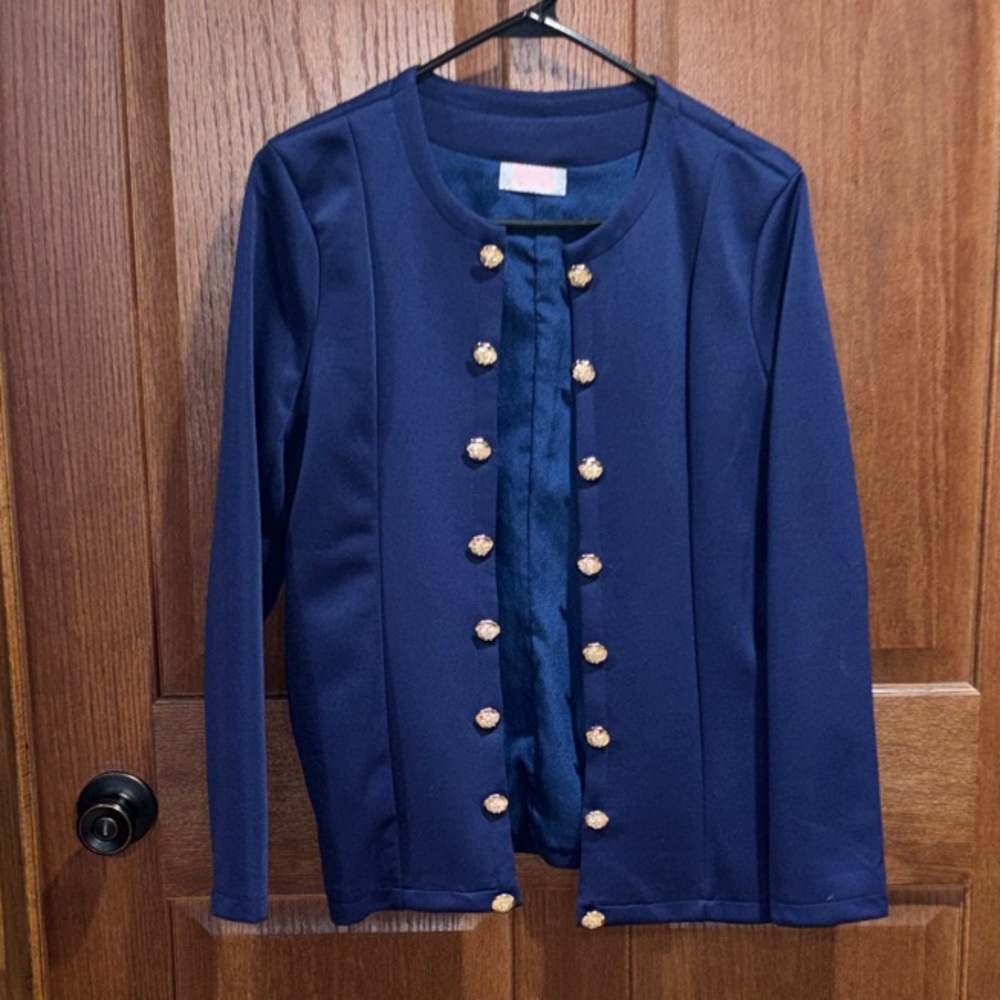 Women's Navy Gold-Button Collarless Blazer